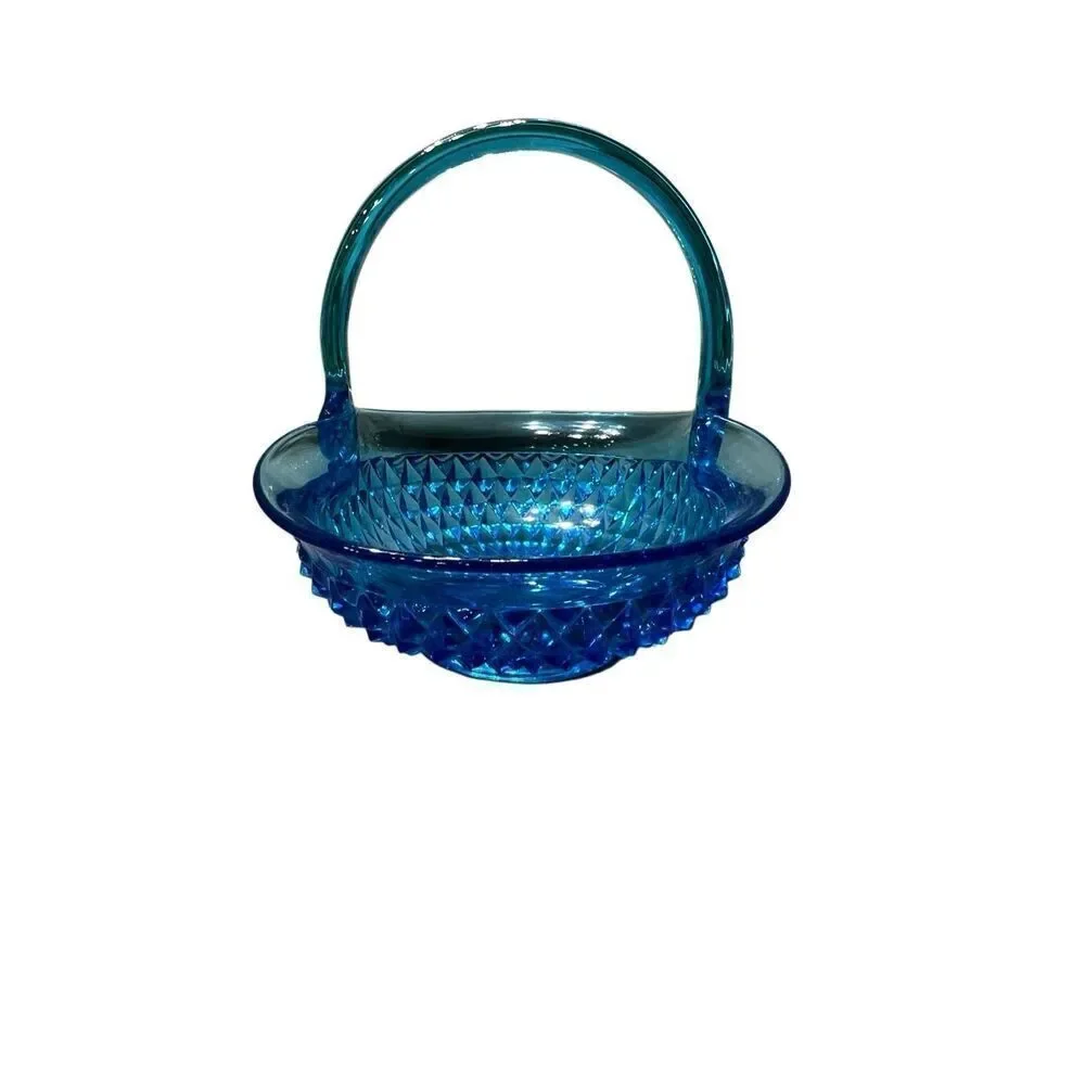 Vintage Indiana Glass Tiara Diamond Point Pattern Flower Basket Blue Large